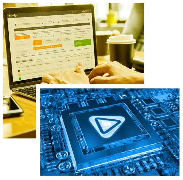Imagem de um processador de computador com a logomarca da Start Consig sobreposta à imagem de uma pessoa usando um notebook.